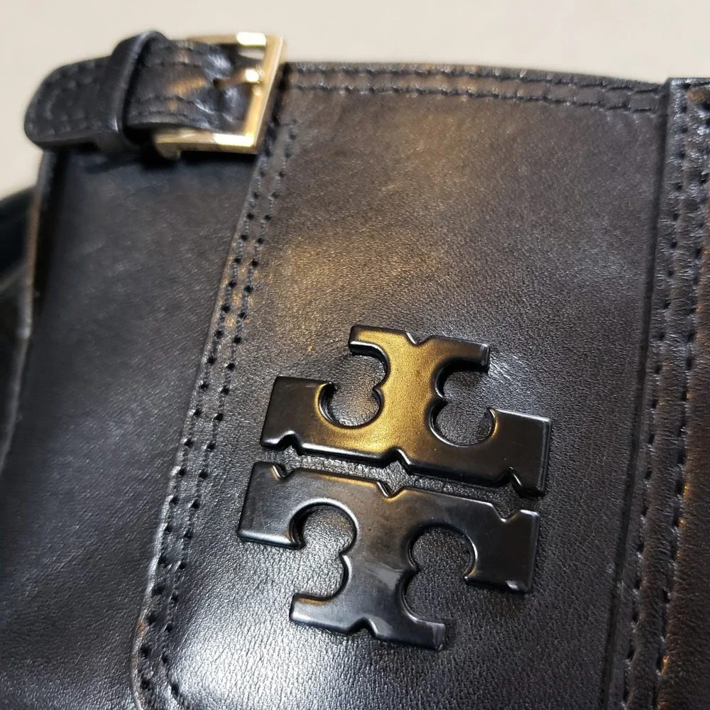 Tory Burch Womens Boots 9.5M Wyatt Mid-Calf Ankle Bootie Black Leather Buckle‎